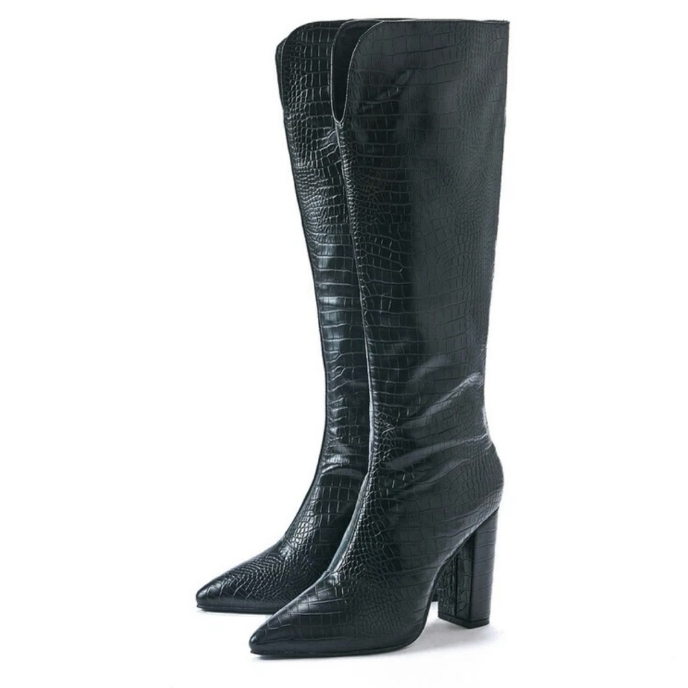 NIB Pauvaody Black Snakeskin Faux Leather Knee High Tall Pointed Heel Boots 7 - Picture 14 of 16